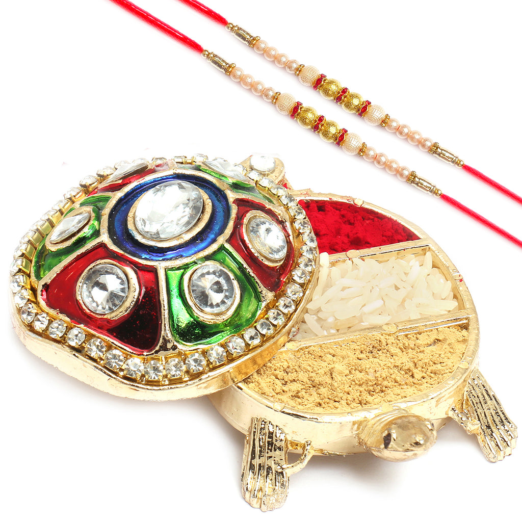 Tortoise Roli Chawal Container with 2 with Pearl Rakhis