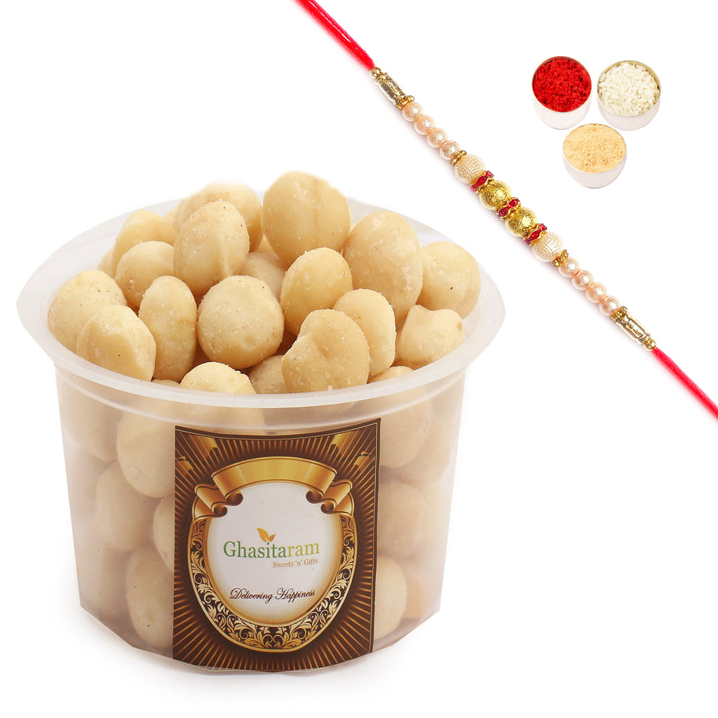 Macadamia Nuts- Ghasitaram's Macadamia Nuts 200 gms with Pearl Rakhi
