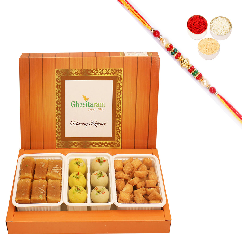 Assorted Box of Mawa Peda, Soft Mysore Pak and Shakar Pada with Beads Rakhi