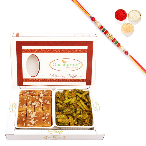 Mysore Pak and Palak Potato Chips Hamper with Pearl Beads Rakhi