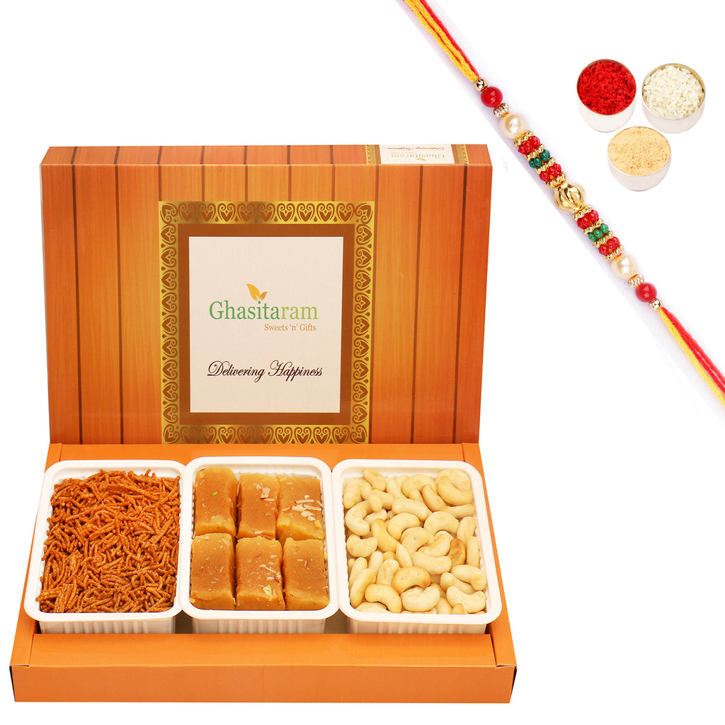 Assorted Box of Mysore Pak, Soya Sev and Cashew Shaped Biscuits with Beads Rakhi