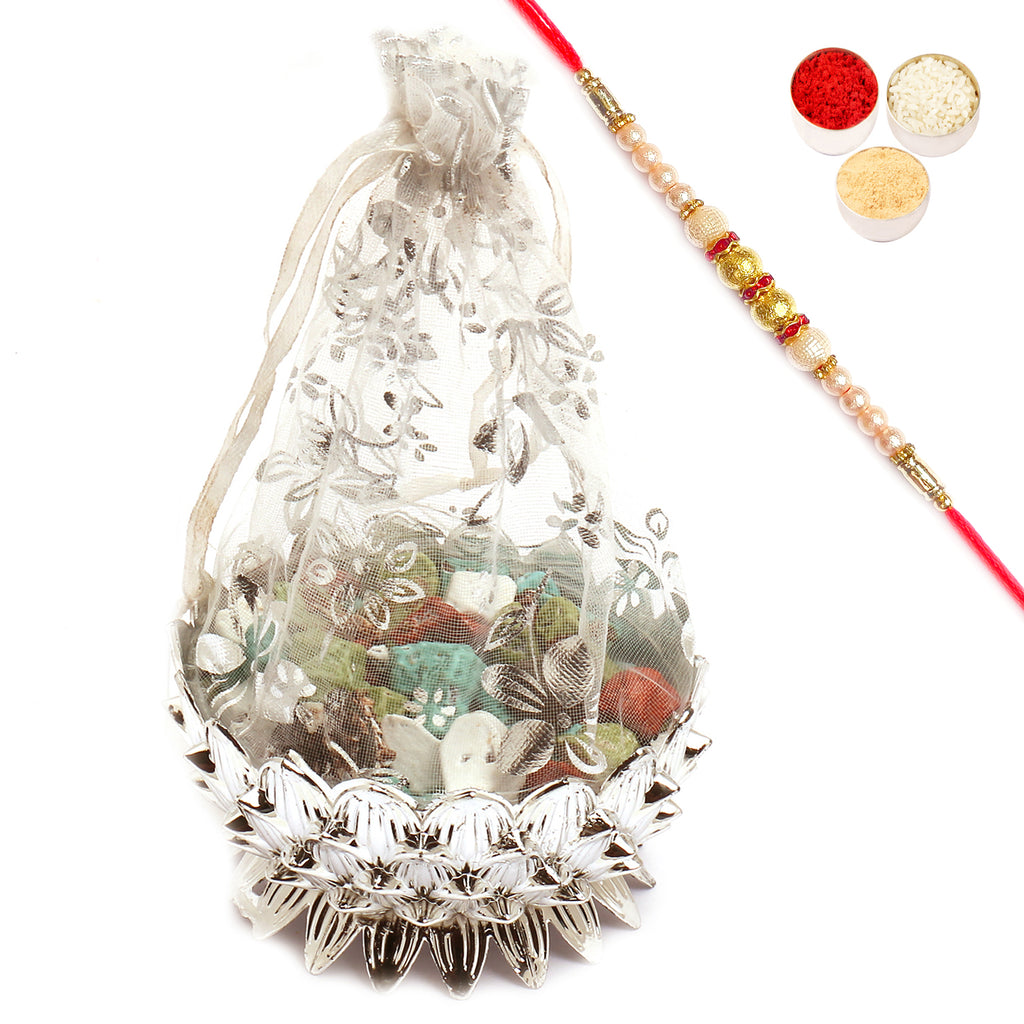 Net Pouch Stone Chocolates Bowl with Pearl Rakhi