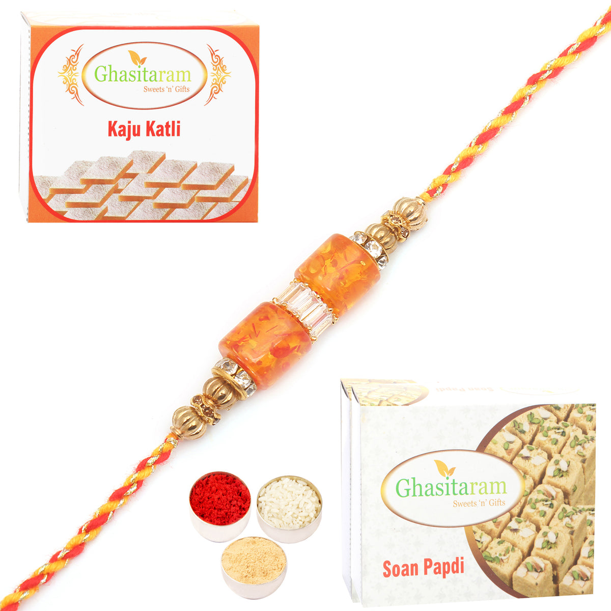 Rakhi for Brother Rakhis Online - RM598 - Orange Stone Bracelet Rakhi with 200 gms of Kaju katli and 200 gms of Soan Papdi 