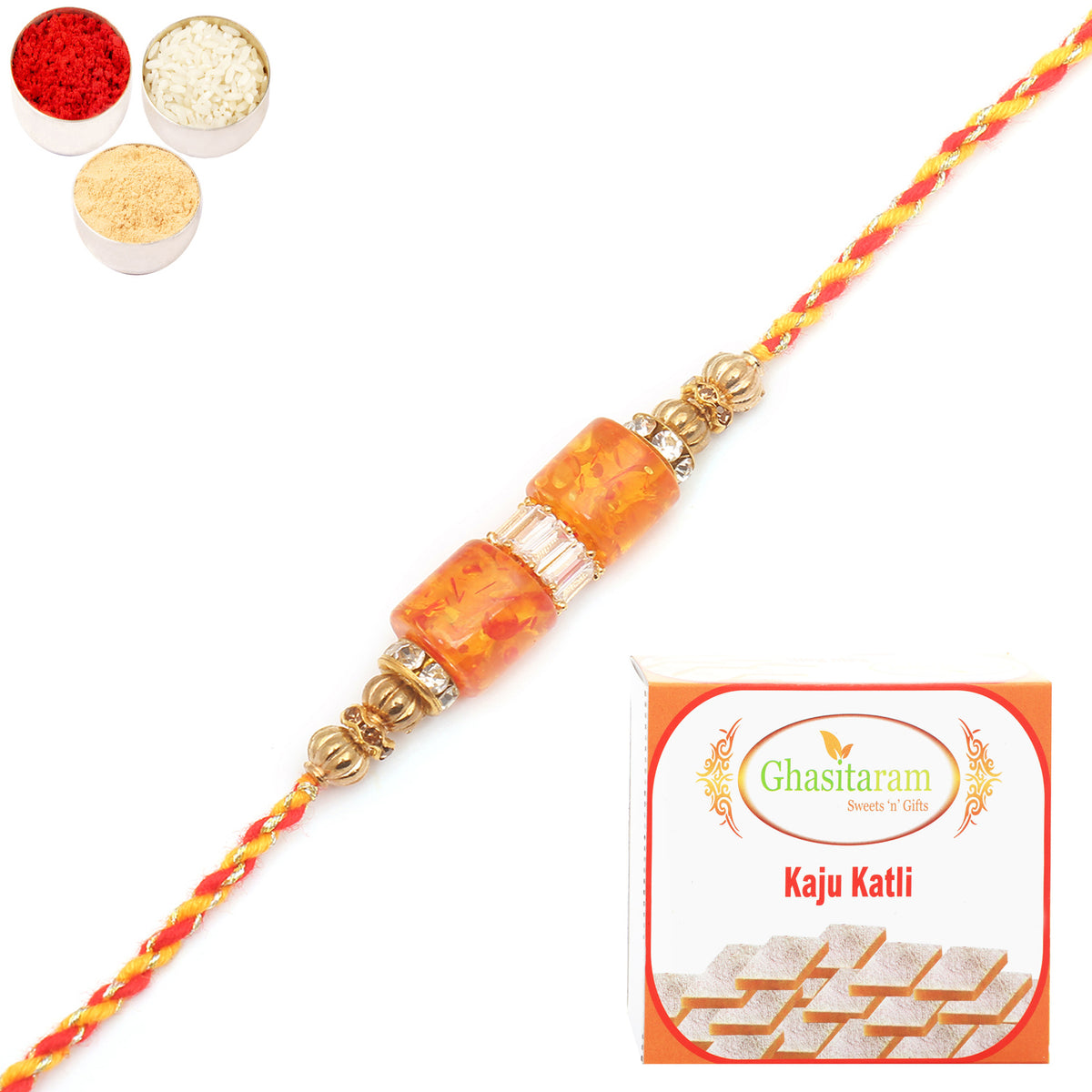 Rakhi for Brother Rakhis Online - RM598 - Orange Stone Bracelet Rakhi with 400 gms of Kaju katli 