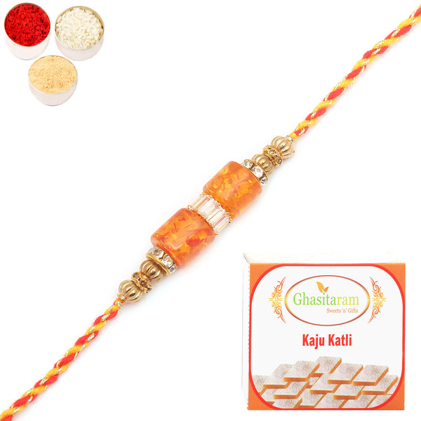 Rakhi for Brother Rakhis Online - RM598 - Orange Stone Bracelet Rakhi with 400 gms of Kaju katli 