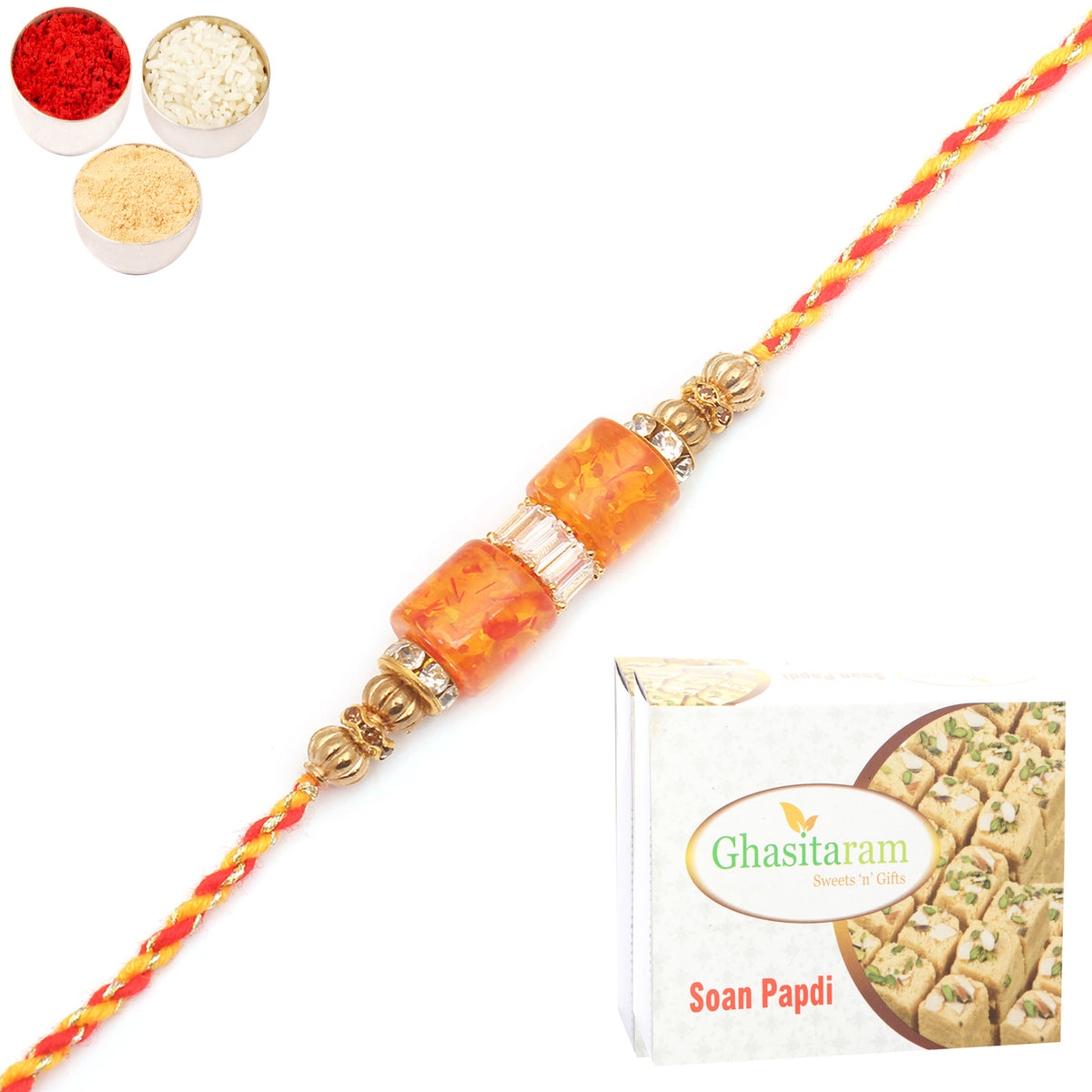Rakhi for Brother Rakhis Online - RM598 - Orange Stone Bracelet Rakhi with 400 gms of Soan Papdi 