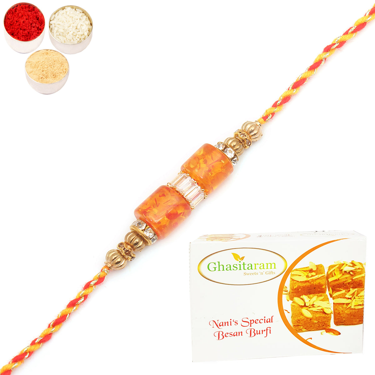 Rakhi for Brother Rakhis Online - RM598 - Orange Stone Bracelet Rakhi with 400 gms of Besan Barfi