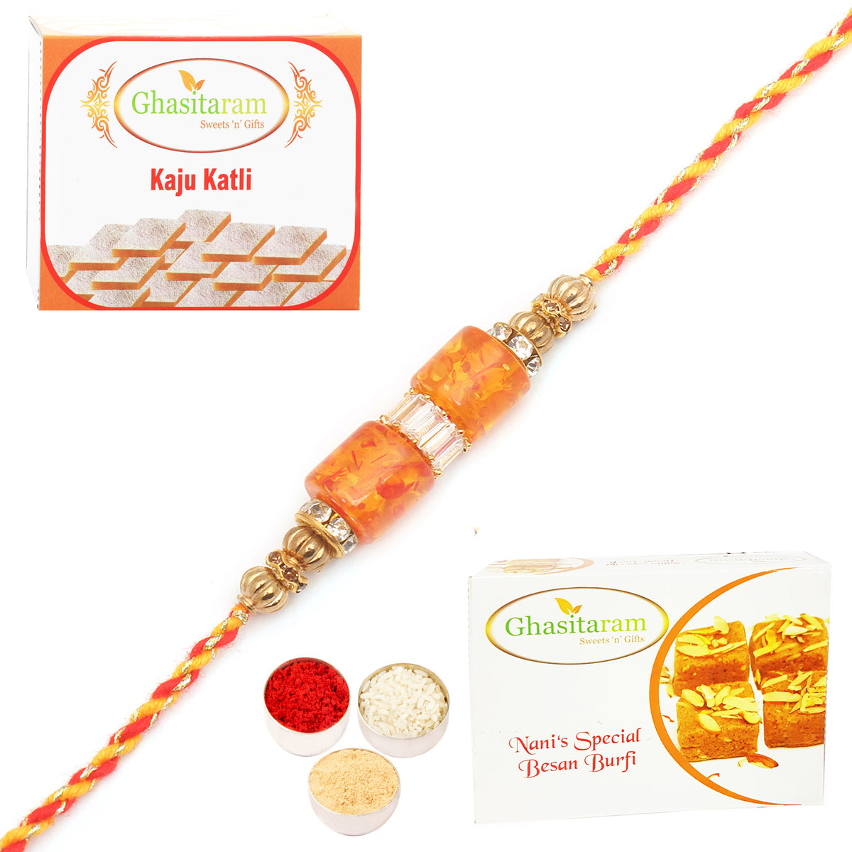 Rakhi for Brother Rakhis Online - RM598 - Orange Stone Bracelet Rakhi with 200 gms of Besan Barfi and 200 gms of Kaju Katli