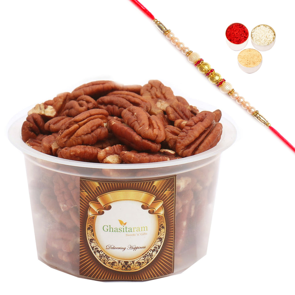 Pecan Nuts- Ghasitaram's Pecan Nuts 200 gms with Pearl Rakhi
