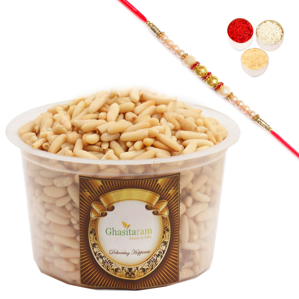 Pine Nuts- Ghasitaram's Pine Nuts Without Shell (Chilgoza) 200 gms with Pearl Rakhi