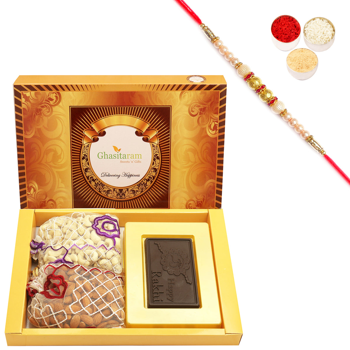 Big Box Of Happy Rakhi Chocolate, Almonds and Cashews Pouch with Pearl Rakhi