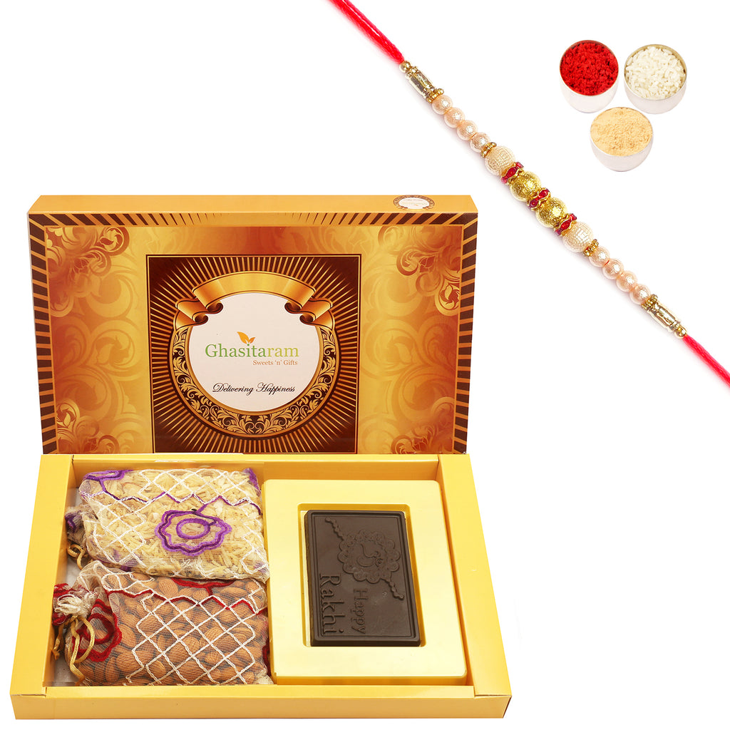 Big Box Of Happy Rakhi Chocolate, Almonds and Namkeen Pouch with Pearl Rakhi