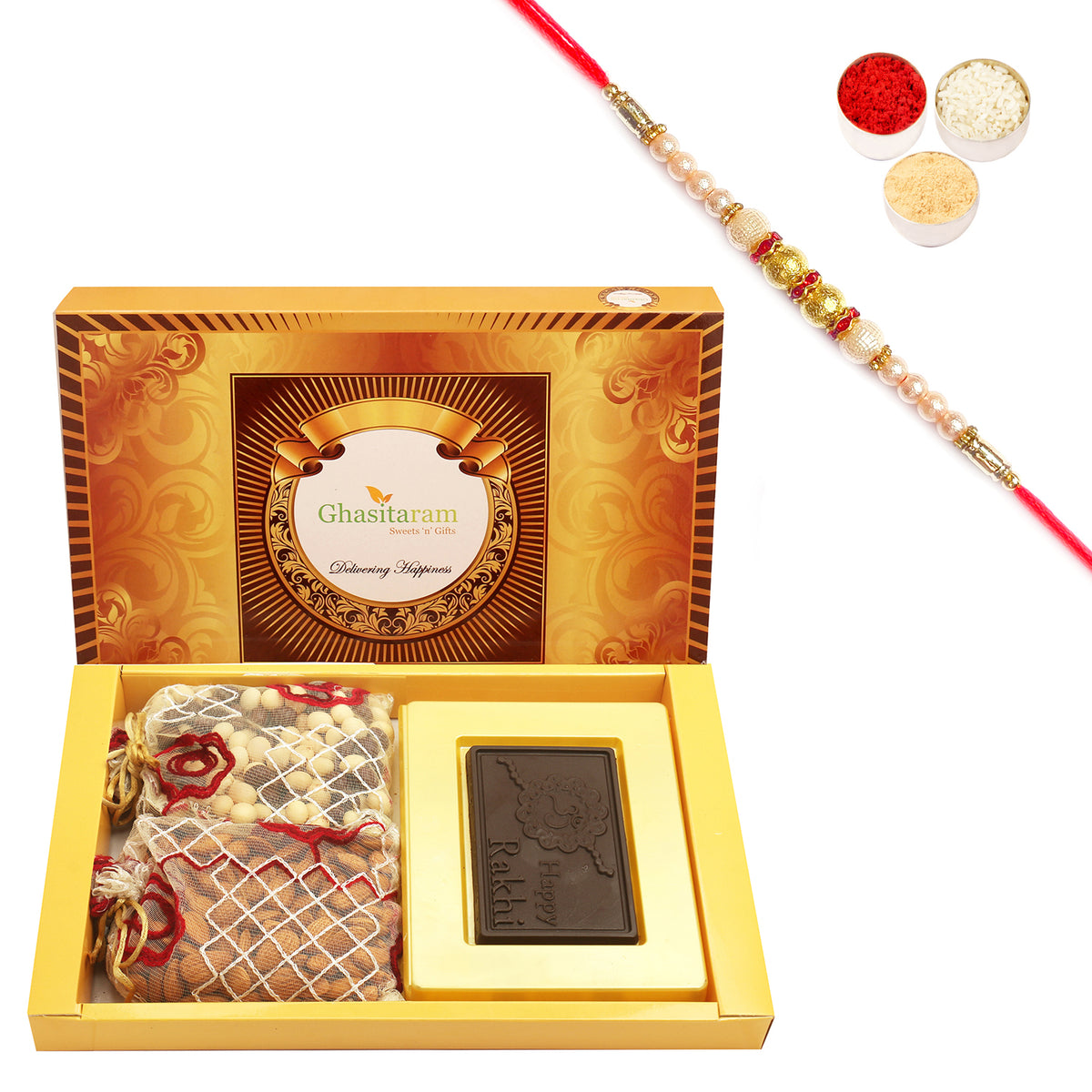 Big Box Of Happy Rakhi Chocolate, Almonds and NuttiesPouch with Pearl Rakhi