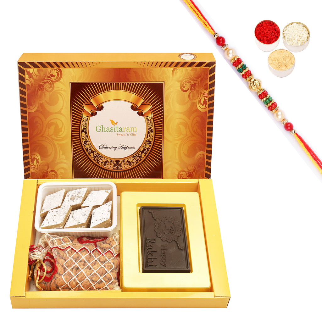 Big Box Of Happy Rakhi Chocolate, Almonds and Kaju Katli with Beads Rakhi