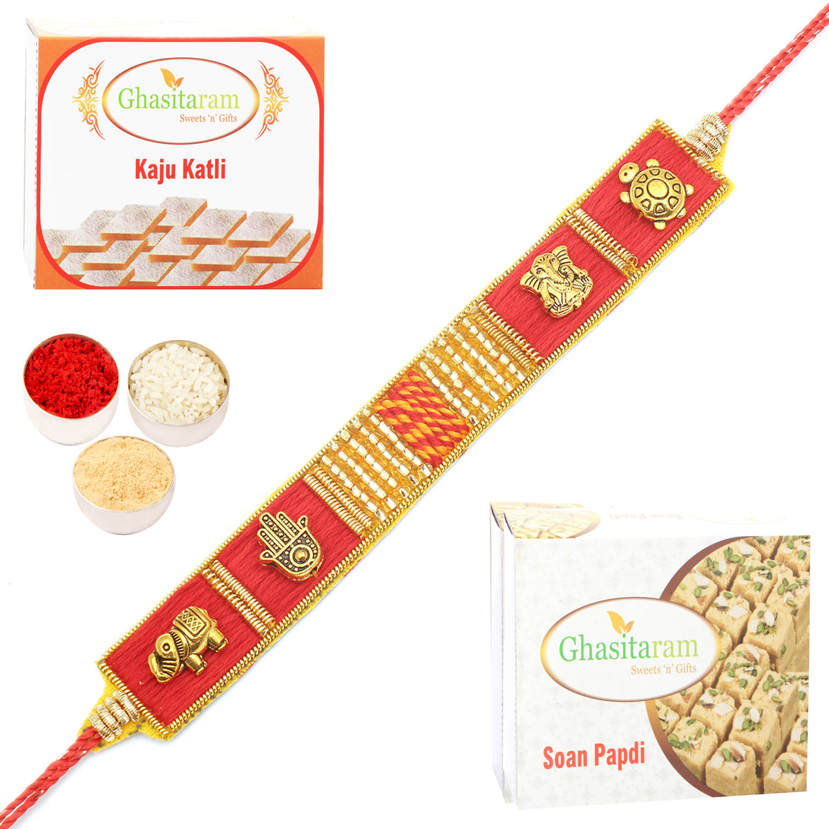 Rakhi for Brother Rakhis Online - RM600 - Red Traditional Bracelet Rakhi with 200 gms of Kaju katli and 200 gms of Soan Papdi 
