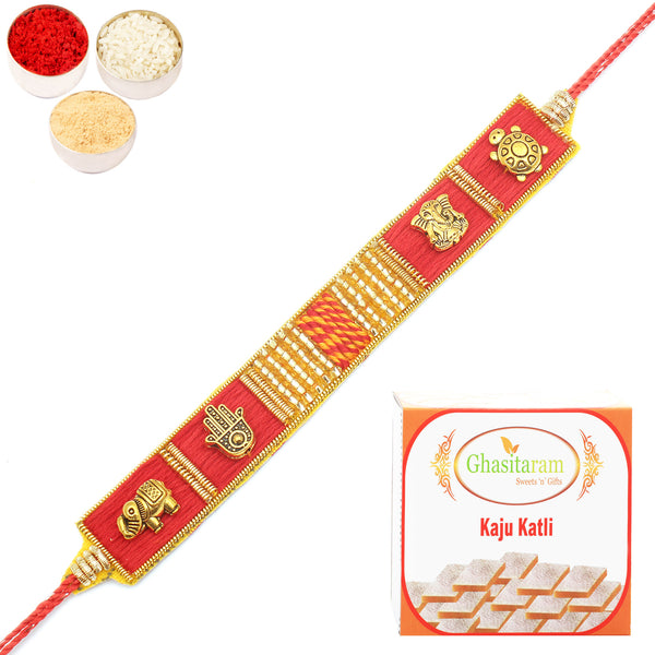 Rakhi for Brother Rakhis Online - RM600 - Red Traditional Bracelet Rakhi with 400 gms of Kaju katli 