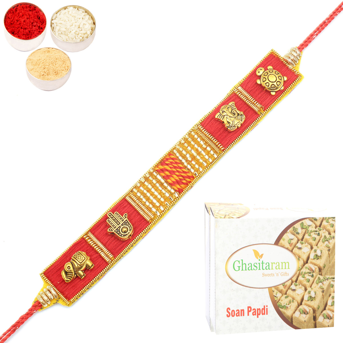 Rakhi for Brother Rakhis Online - RM600 - Red Traditional Bracelet Rakhi with 400 gms of Soan Papdi 