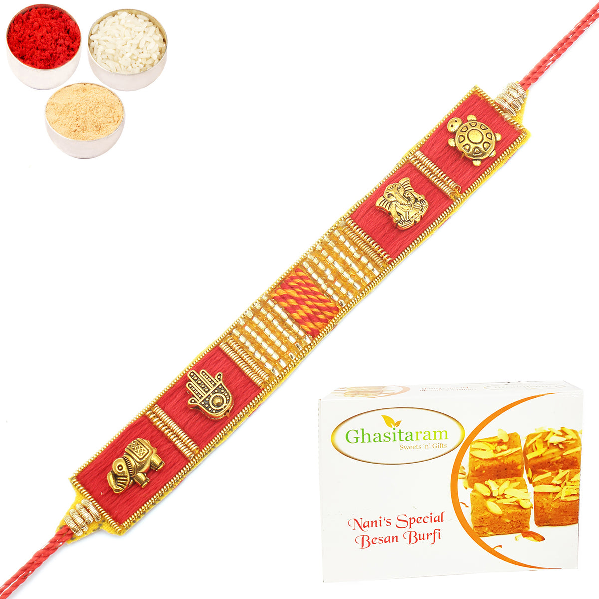 Rakhi for Brother Rakhis Online - RM600 - Red Traditional Bracelet Rakhi with 400 gms of Besan Barfi