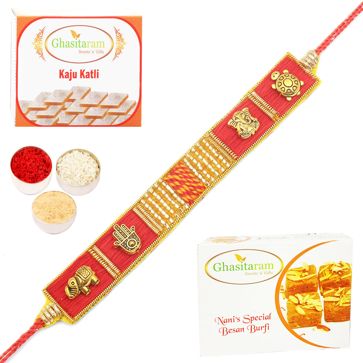 Rakhi for Brother Rakhis Online - RM600 - Red Traditional Bracelet Rakhi with 200 gms of Besan Barfi and 200 gms of Kaju Katli