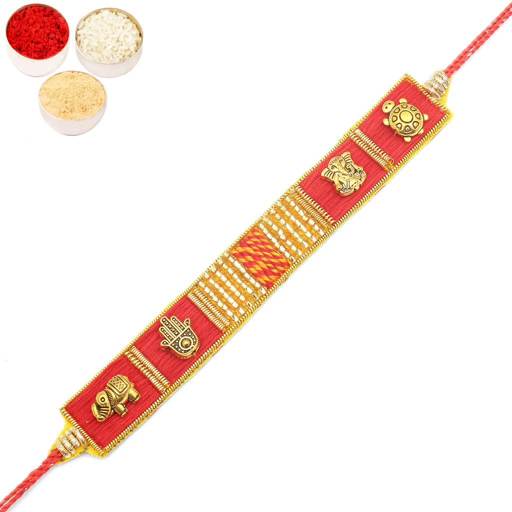 Rakhis Online USA-RM600 - Red Traditional Bracelet Rakhi  with 6 pc Mewa Bites box