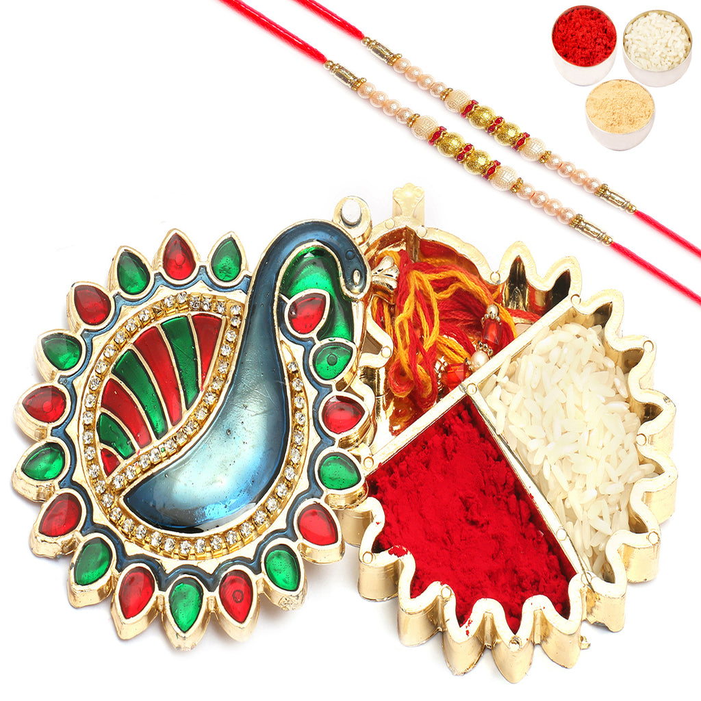 Round Peacock Roli Chawal Container with 2 Pearl Rakhis