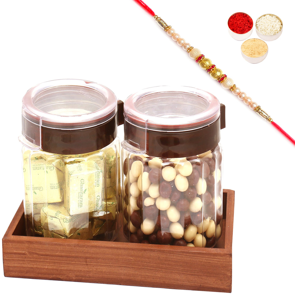  Set of 2 Chocolates and Nutties Air Tight Containers with Wooden Tray with Pearl Rakhi