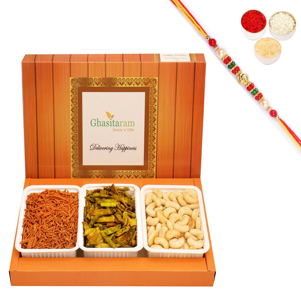 Assorted Box of Soya Sev, Cashew Shaped Biscuits and Palak Potato Chips with Beads Rakhi