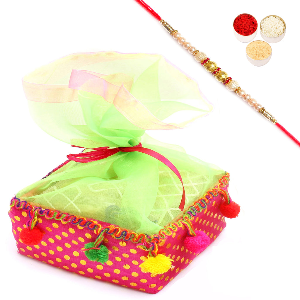 Colourful Roasted Almond Sugafree Chocolates Pouch with Pearl Rakhi