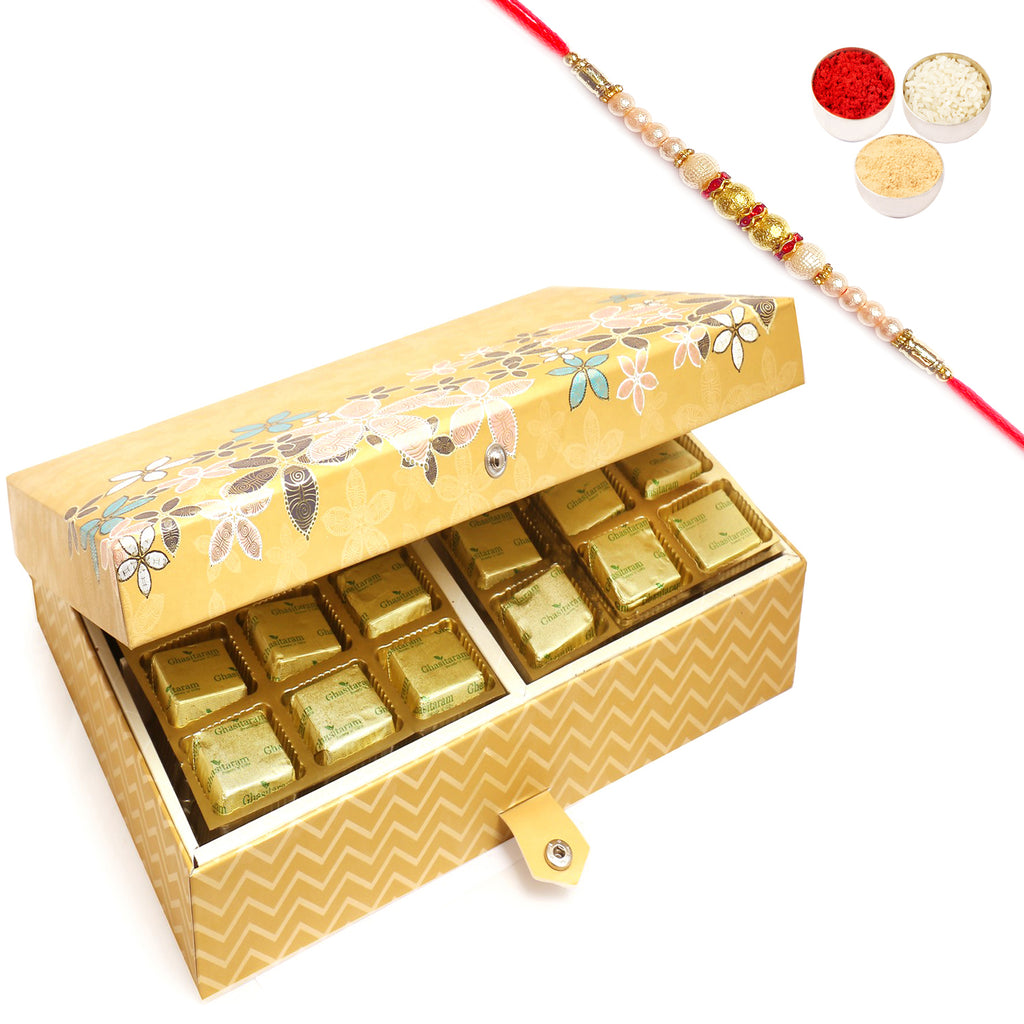 Gold 4 Print 24 Pcs Roasted Almond Sugafree Chocolate Box with Pearl Rakhi