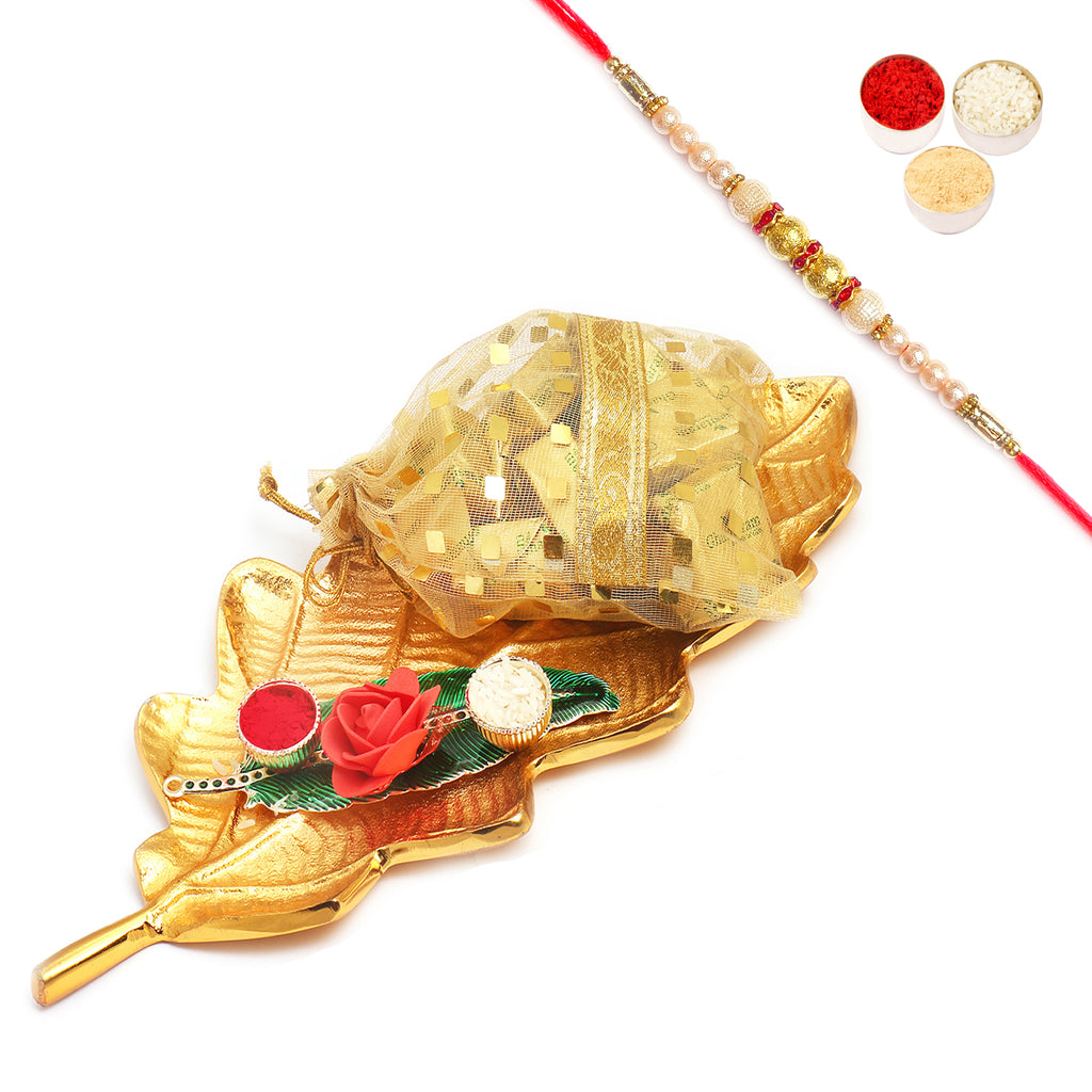  Golden Leaf Platter with Green Leaf Roli Chawal Container and Sugafree Chocolate Pouch with Pearl Rakhi