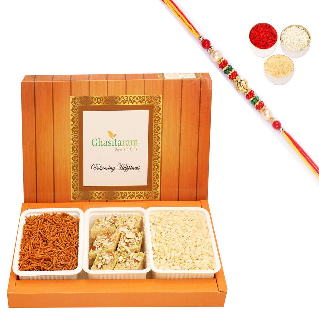 Assorted box of Sugarfree Kaju Katli, Diet Chiwda and Soya Sev with Beads Rakhi