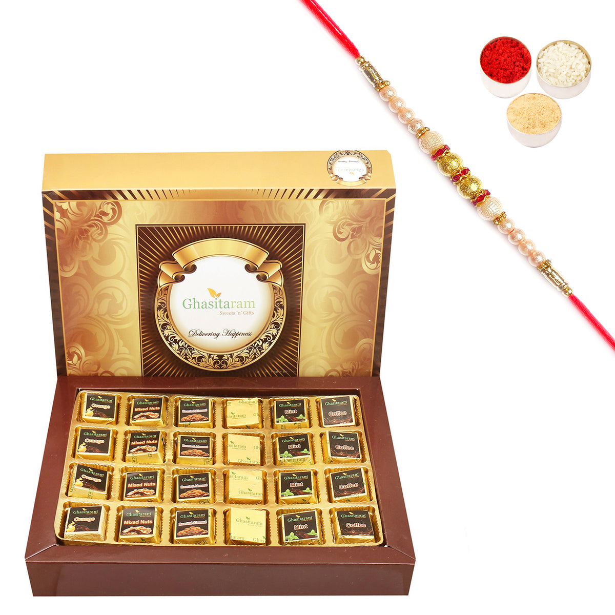 Big 6 Flavours Sugarfree Chocolate Box 24 pcs with Pearl Rakhi