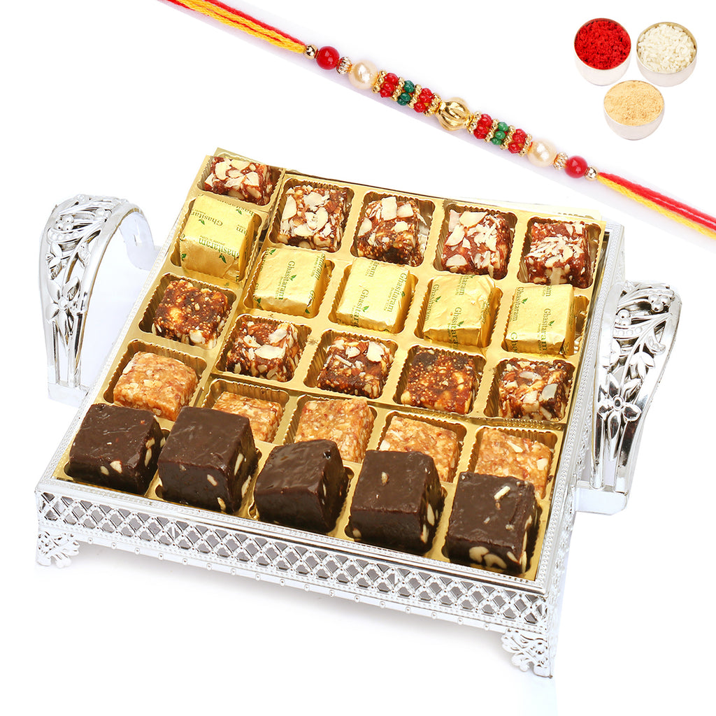 Silver 25 pcs Assorted Bites Tray with Pearl Beads Rakhi
