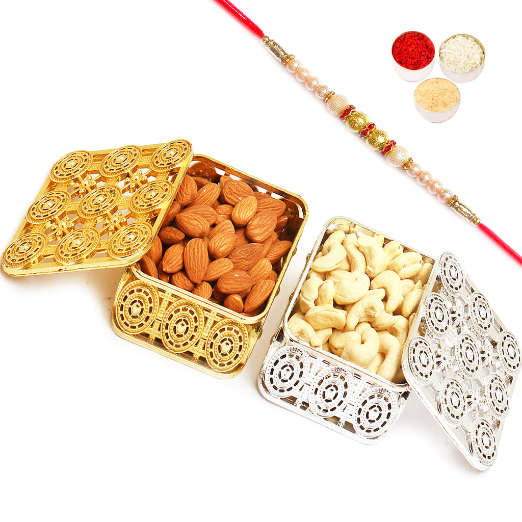 Silver and Gold Almonds and Cashews Boxes with Pearl Rakhi