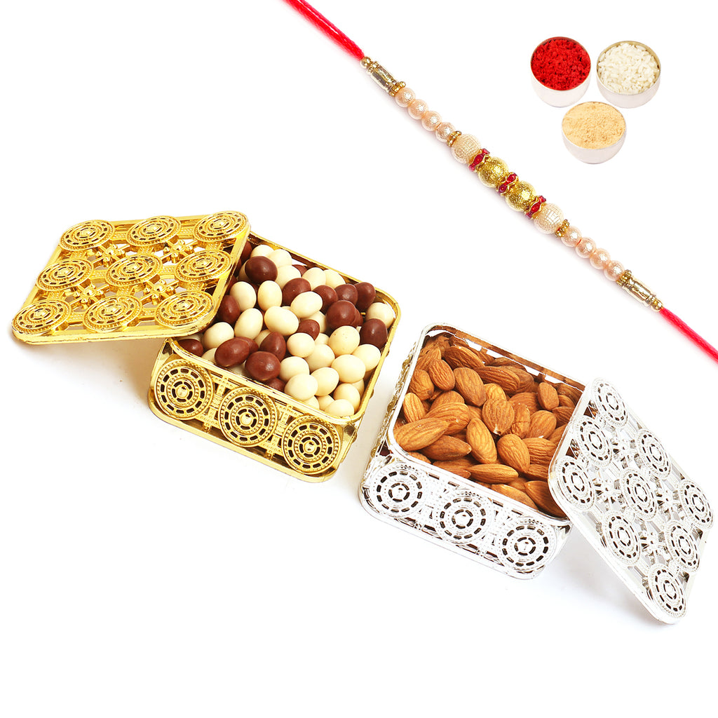 Silver and Gold Almonds and Nutties Boxes with Pearl Rakhi