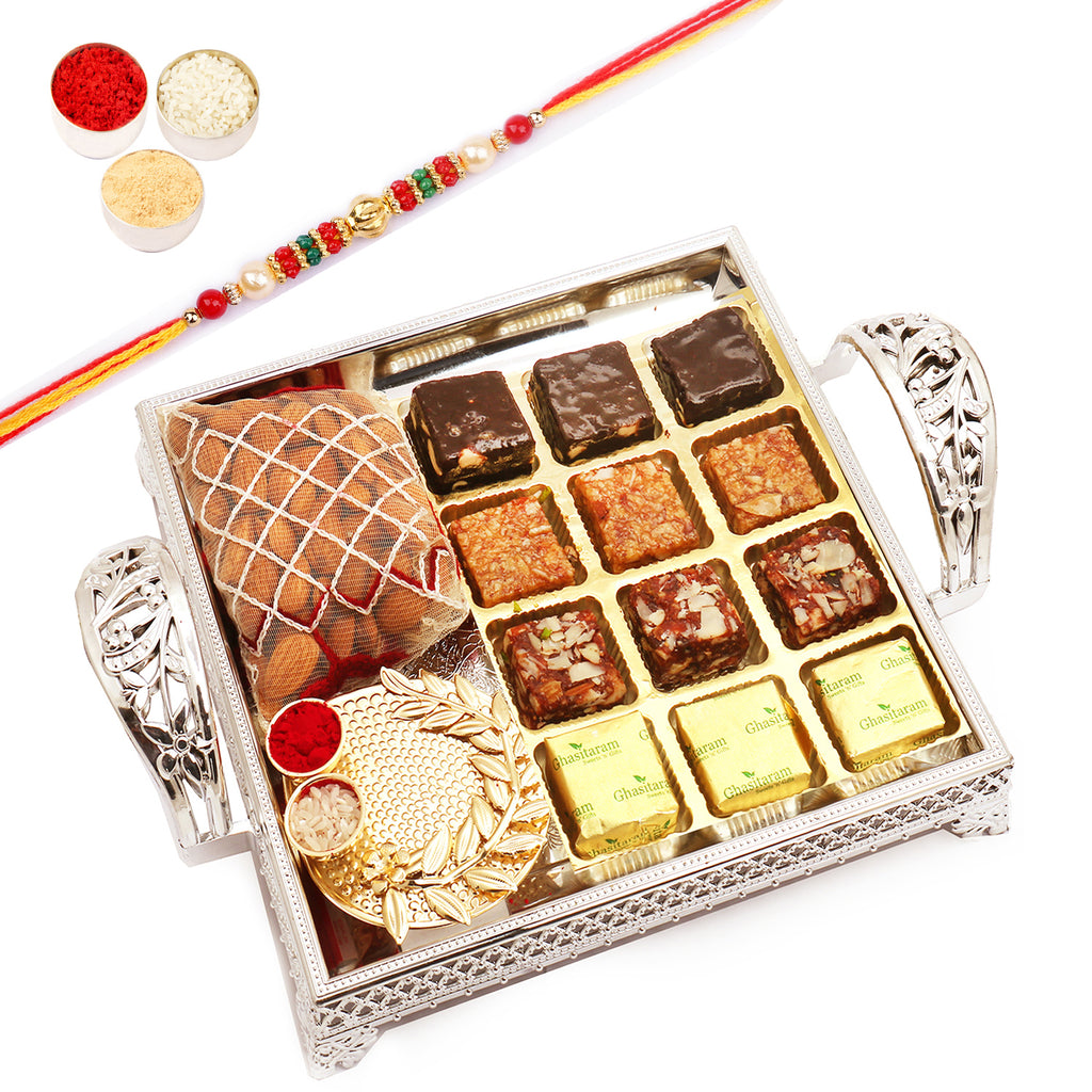 Silver Tray with Assorted Bites, Almonds and Mini Pooja Thali with Pearl Beads Rakhi