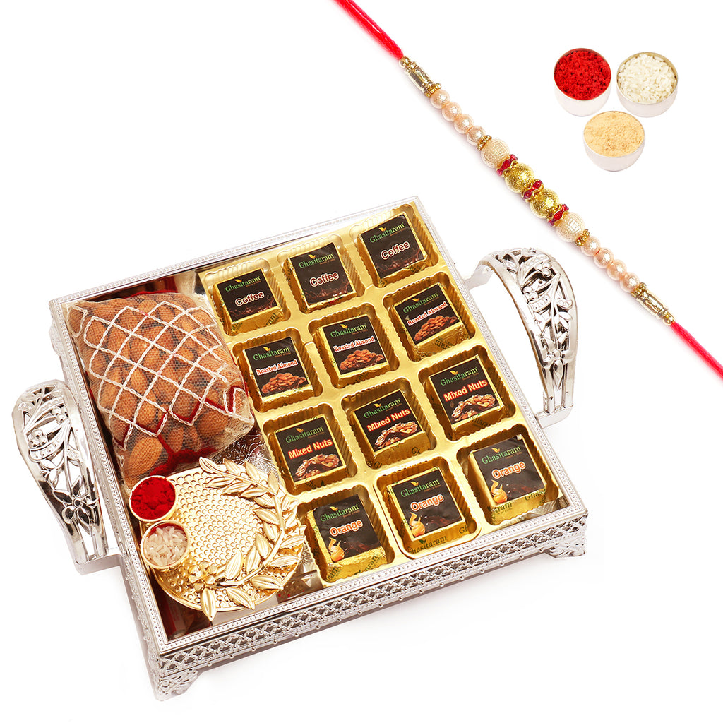 Silver Tray with Assorted Chocolates, Almonds and Mini Pooja Thali with Pearl Rakhi