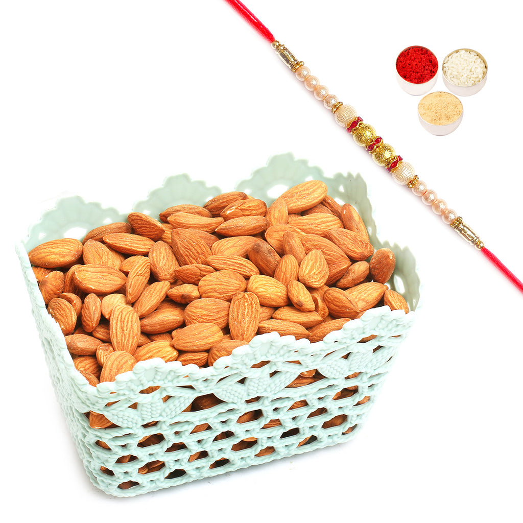 Small Blue Basket with Almonds with Pearl Rakhi