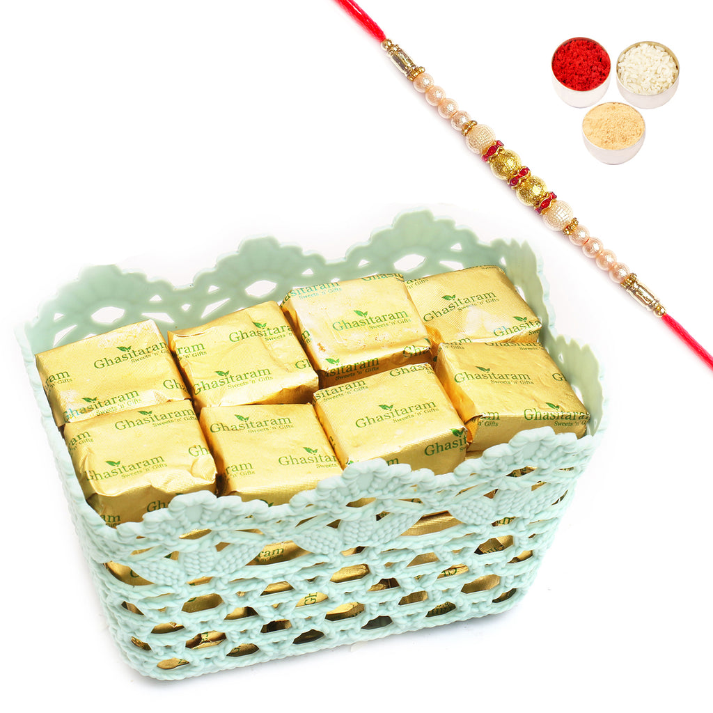 Small Blue Basket with Chocolates with Pearl Rakhi