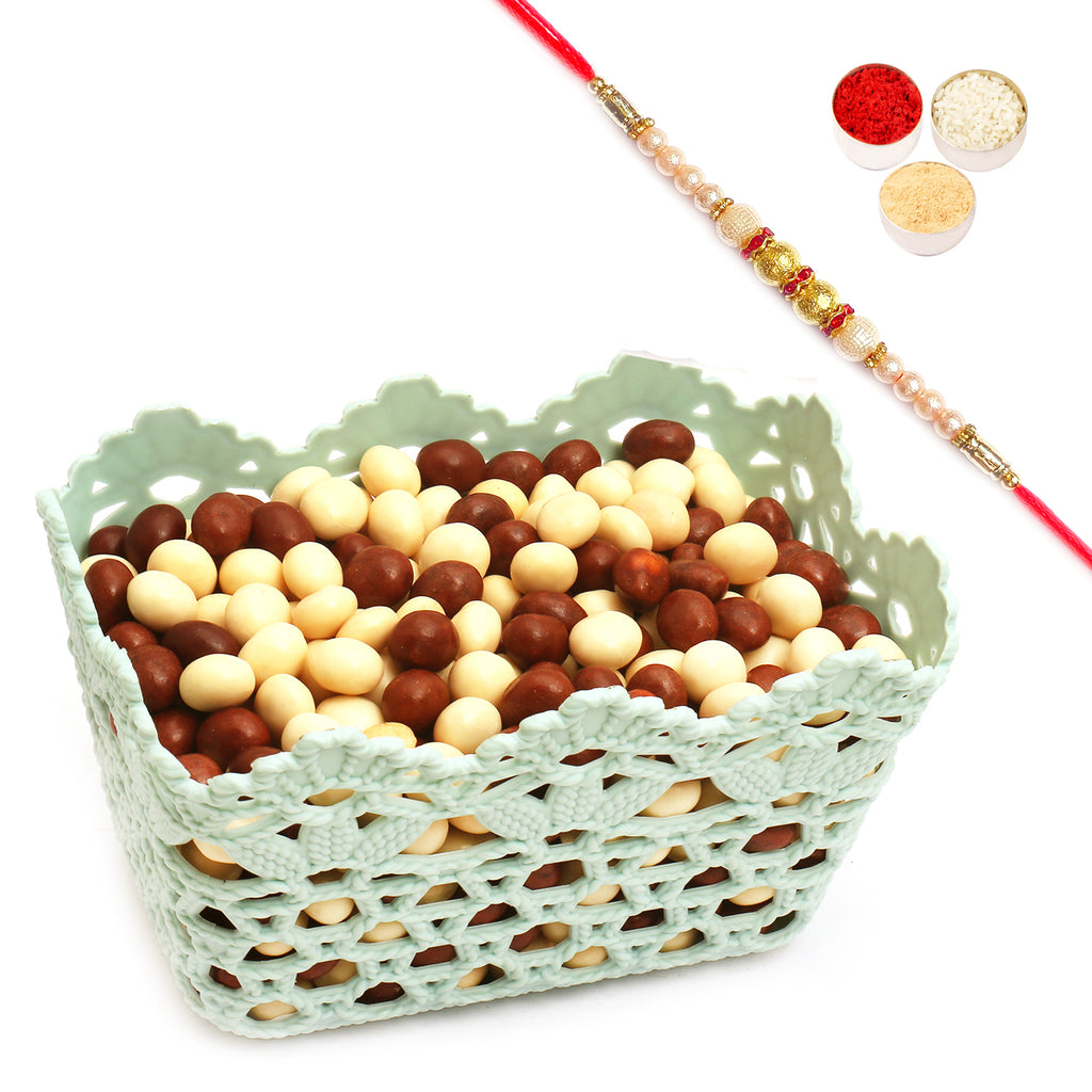 Small Blue Basket with Nutties with Pearl Rakhi