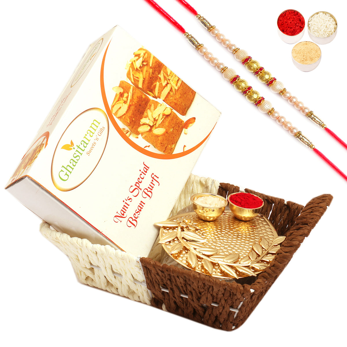 Small Metal Brown Basket Of Besan Barfi and Pooja Thali with 2 Pearl Rakhis