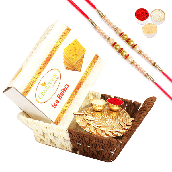 Small Metal Brown Basket Of Ice Halwa and Pooja Thali with 2 Pearl Rakhis