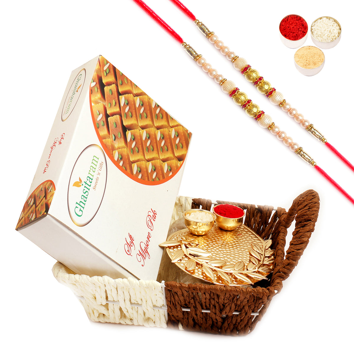 Small Metal Brown Basket Of Mysore Pak and Pooja Thali with 2 Pearl Rakhis