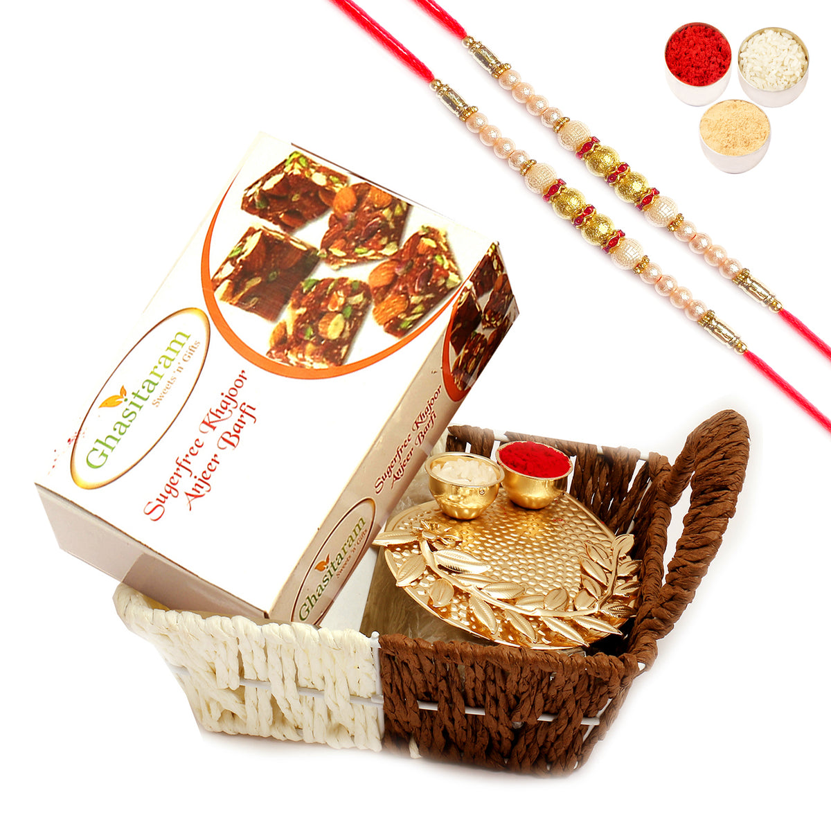 Small Metal Brown Basket Of Sugarfree Bites and Pooja Thali with 2 Pearl Rakhis