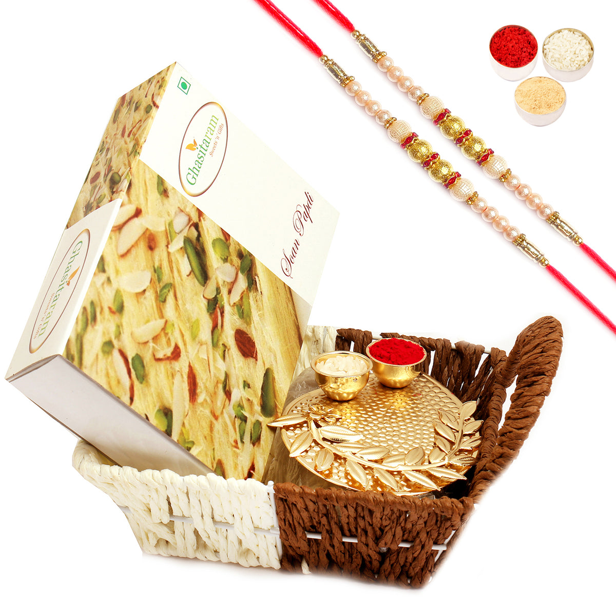 Small Metal Brown Basket Of Soan Papdi and Pooja Thali with 2 Pearl Rakhis