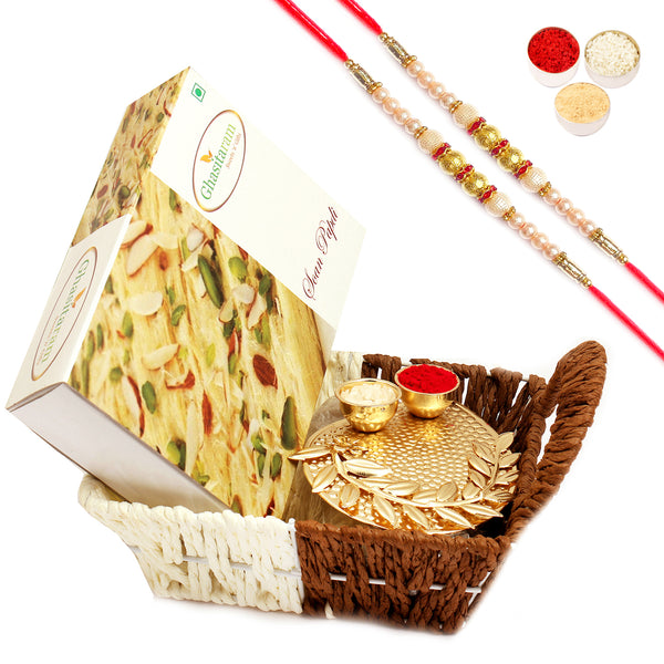 Small Metal Brown Basket Of Soan Papdi and Pooja Thali with 2 Pearl Rakhis
