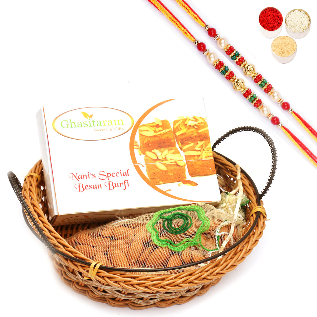 Small Cane Basket with Nani's Spl Besan Barfi and Almonds Pouch with 2 Pearl Beads Rakhis