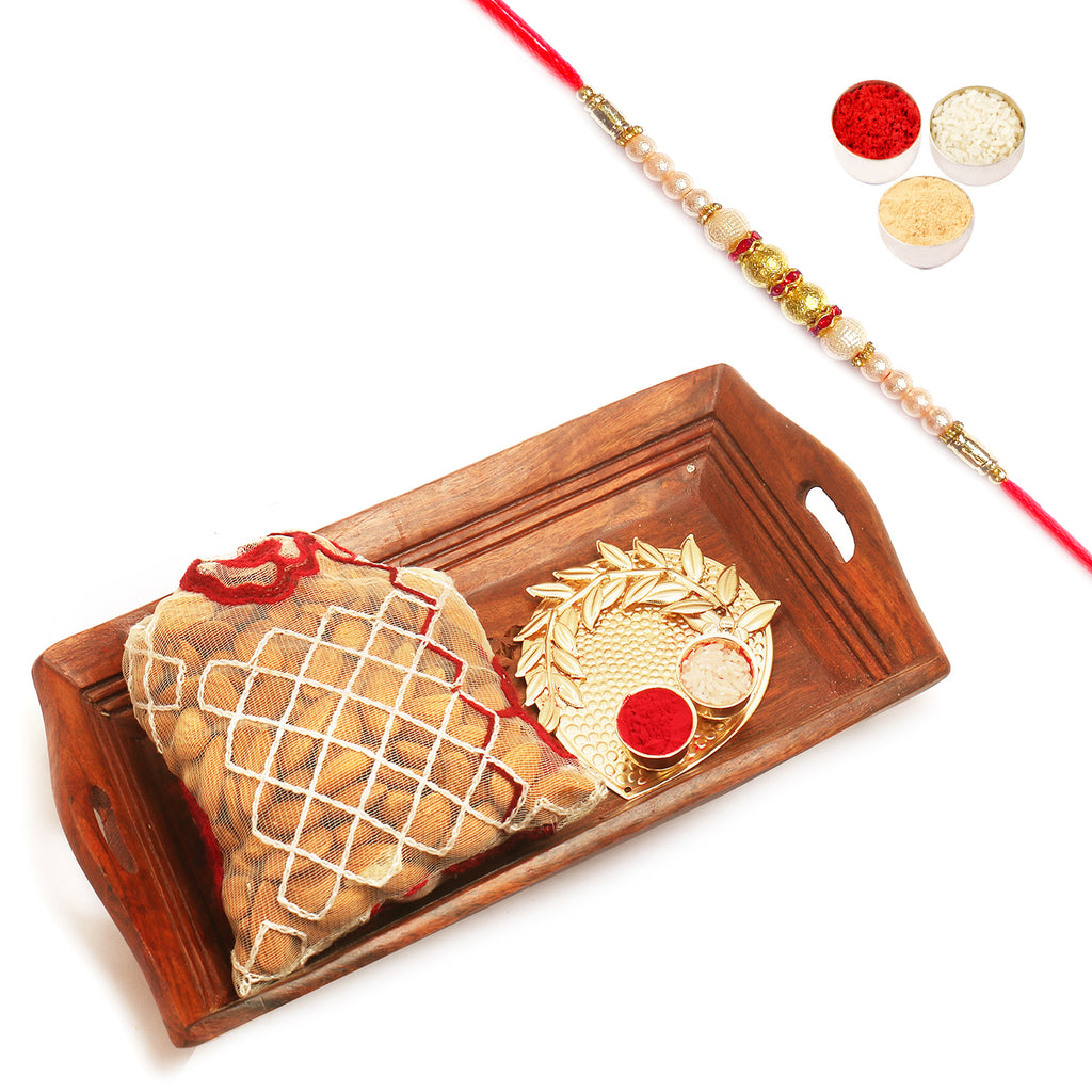 Small Wooden Serving Tray with Almonds Pouch and Pooja Thali with Pearl Rakhi