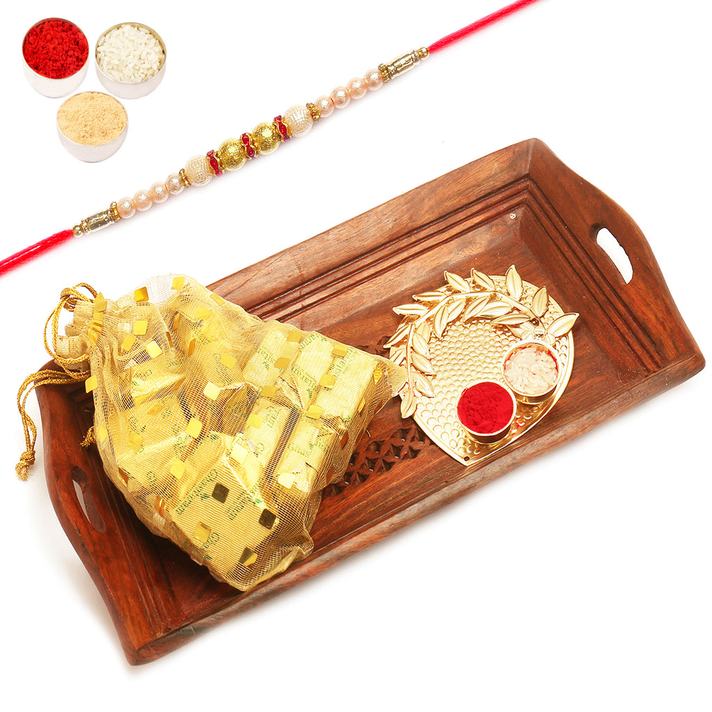 Small Wooden Serving Tray with Chocolates Pouch and Pooja Thali with Pearl Rakhi