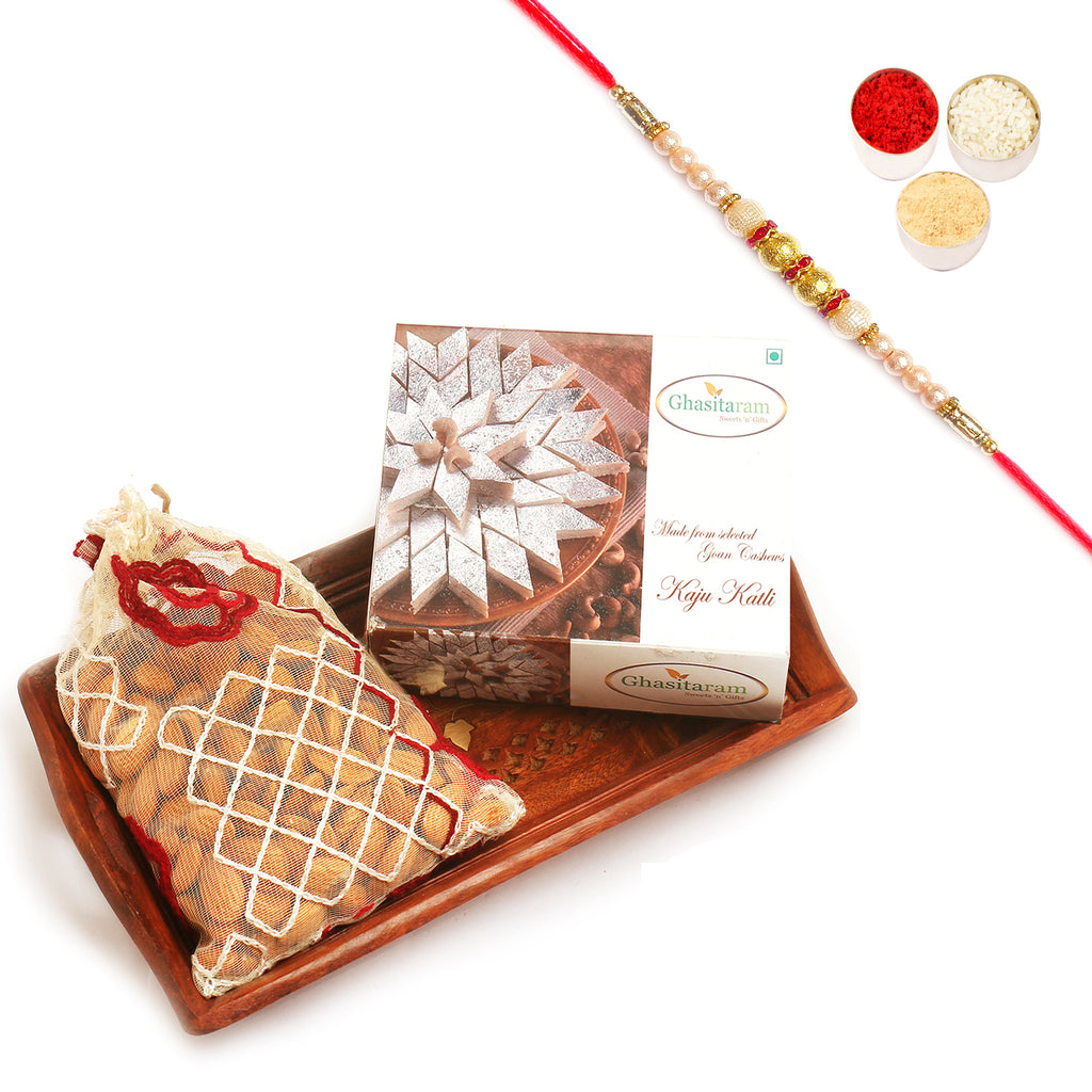 Small Wooden Serving Tray with Kaju Katli and Almonds with Pearl Rakhi